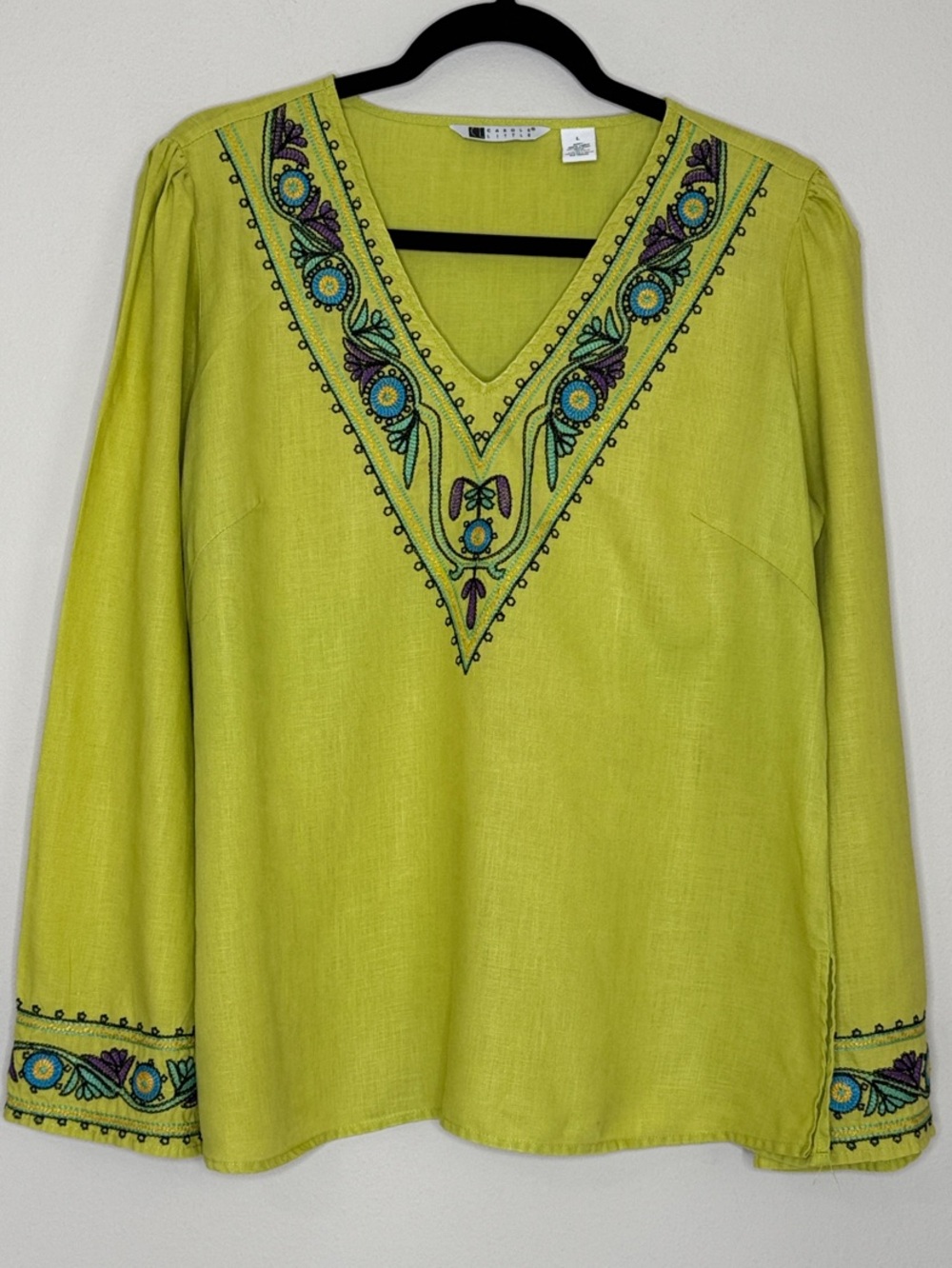 Carole Little chartreuse, linen Embroidered V-Neck Boho Hippie Tunic L